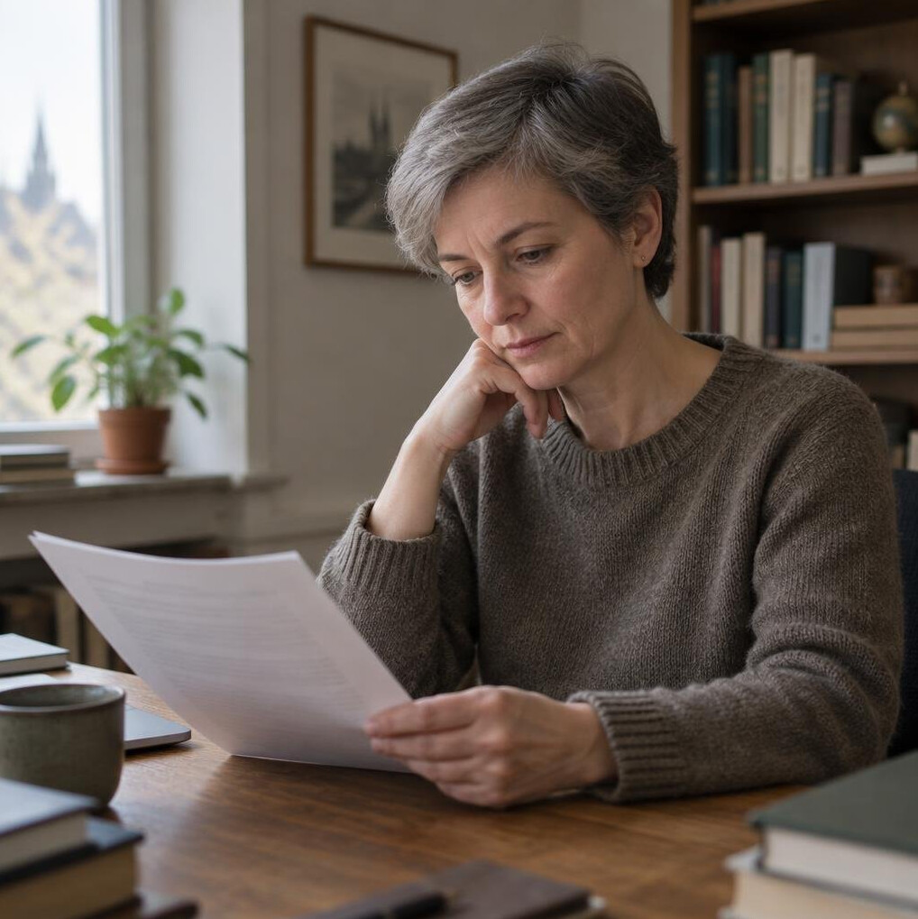 German researcher reading quietly at a wooden desk in soft light