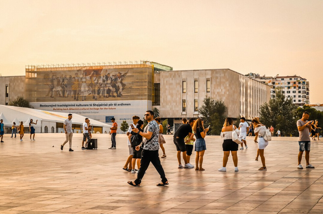 diverse people in city square