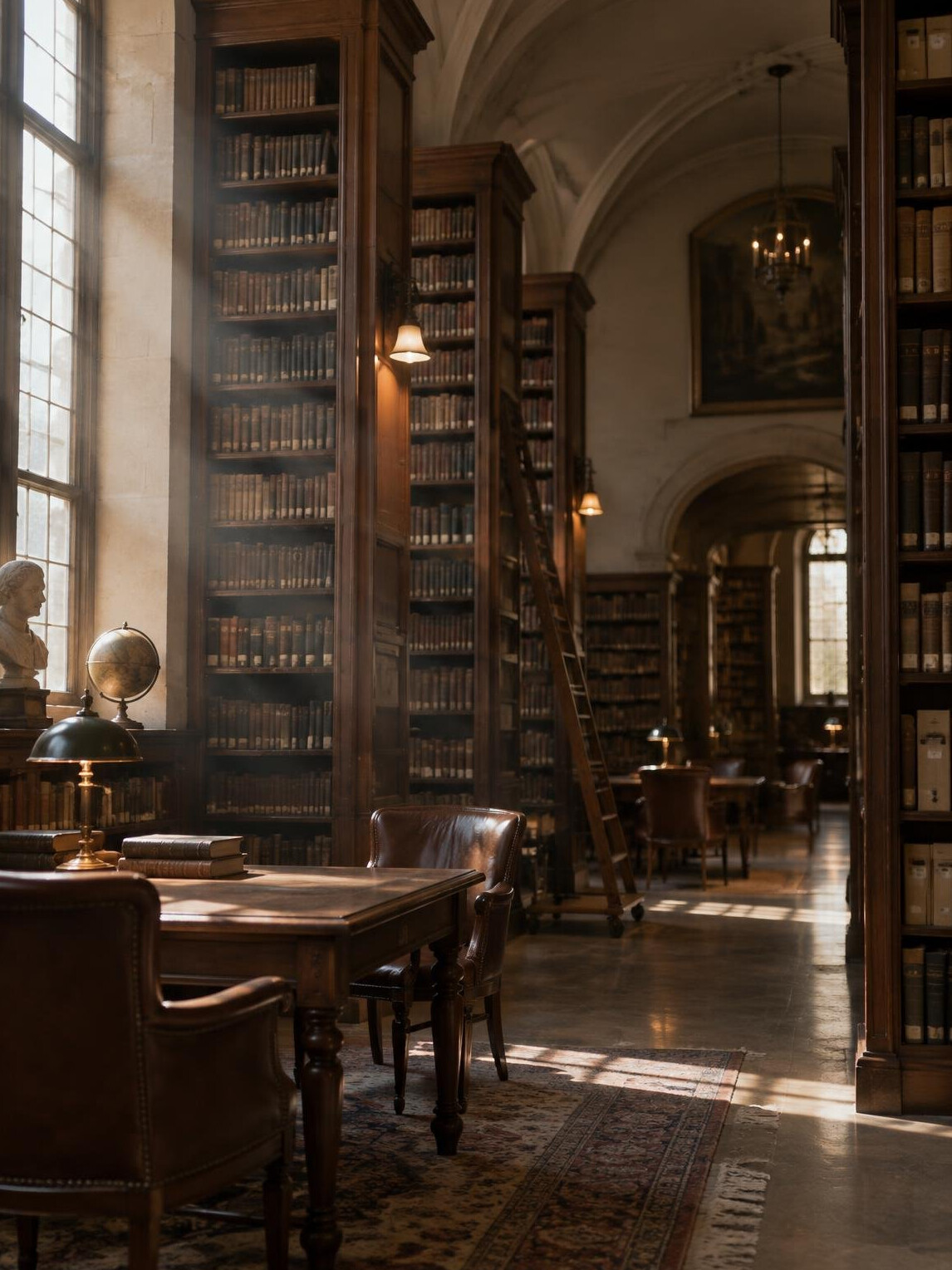 Quiet library archive with warm light and empty reading chairs